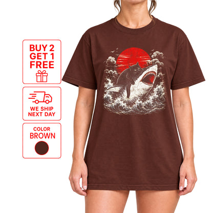 Funny Black Cat Riding Shark T-Shirt – Japanese Wave Graphic Tee, Unisex Crew Neck