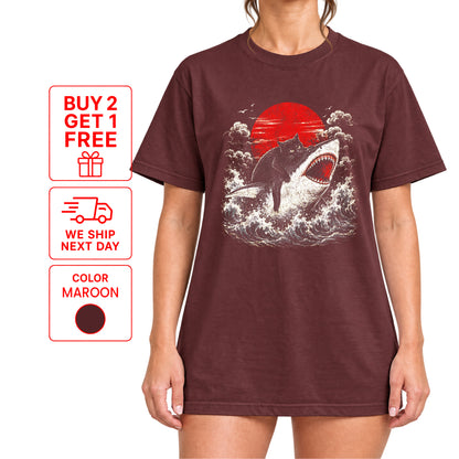 Funny Black Cat Riding Shark T-Shirt – Japanese Wave Graphic Tee, Unisex Crew Neck