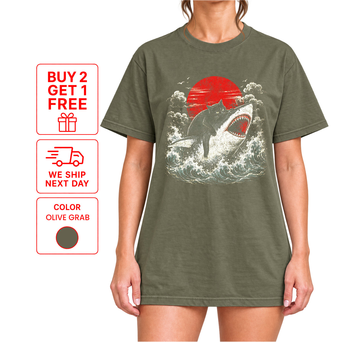 Funny Black Cat Riding Shark T-Shirt – Japanese Wave Graphic Tee, Unisex Crew Neck