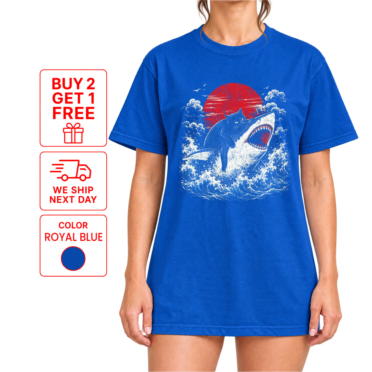 Funny Black Cat Riding Shark T-Shirt – Japanese Wave Graphic Tee, Unisex Crew Neck