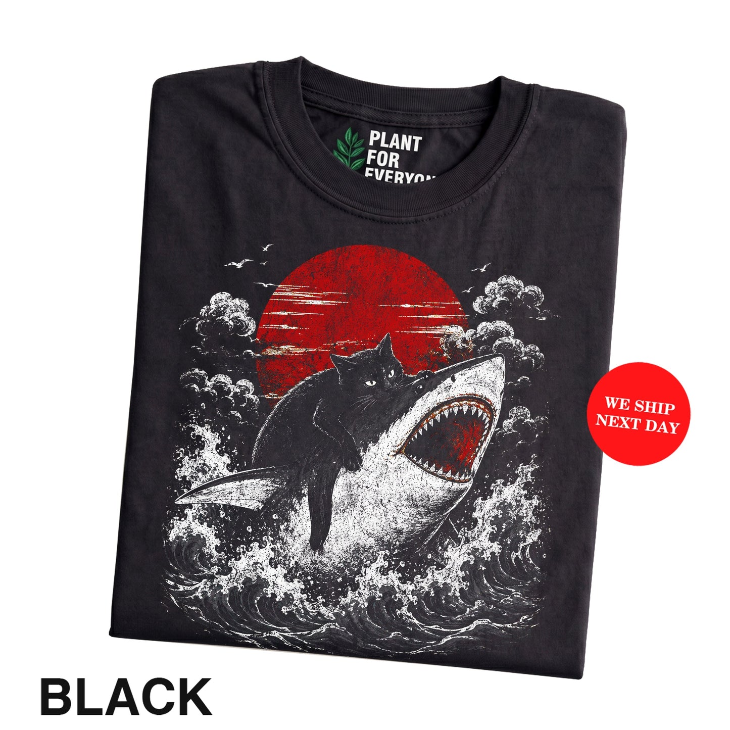 Cat Funny Shirt, Black Cat Riding Shark Japanese Graphic Tee - Yume Garden - Yume Gardens Indonesia