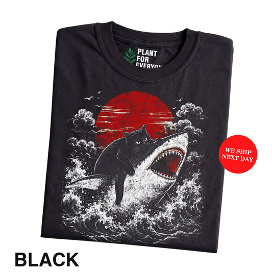 Cat Funny Shirt, Black Cat Riding Shark Japanese Graphic Tee - Yume Garden - Yume Gardens Indonesia