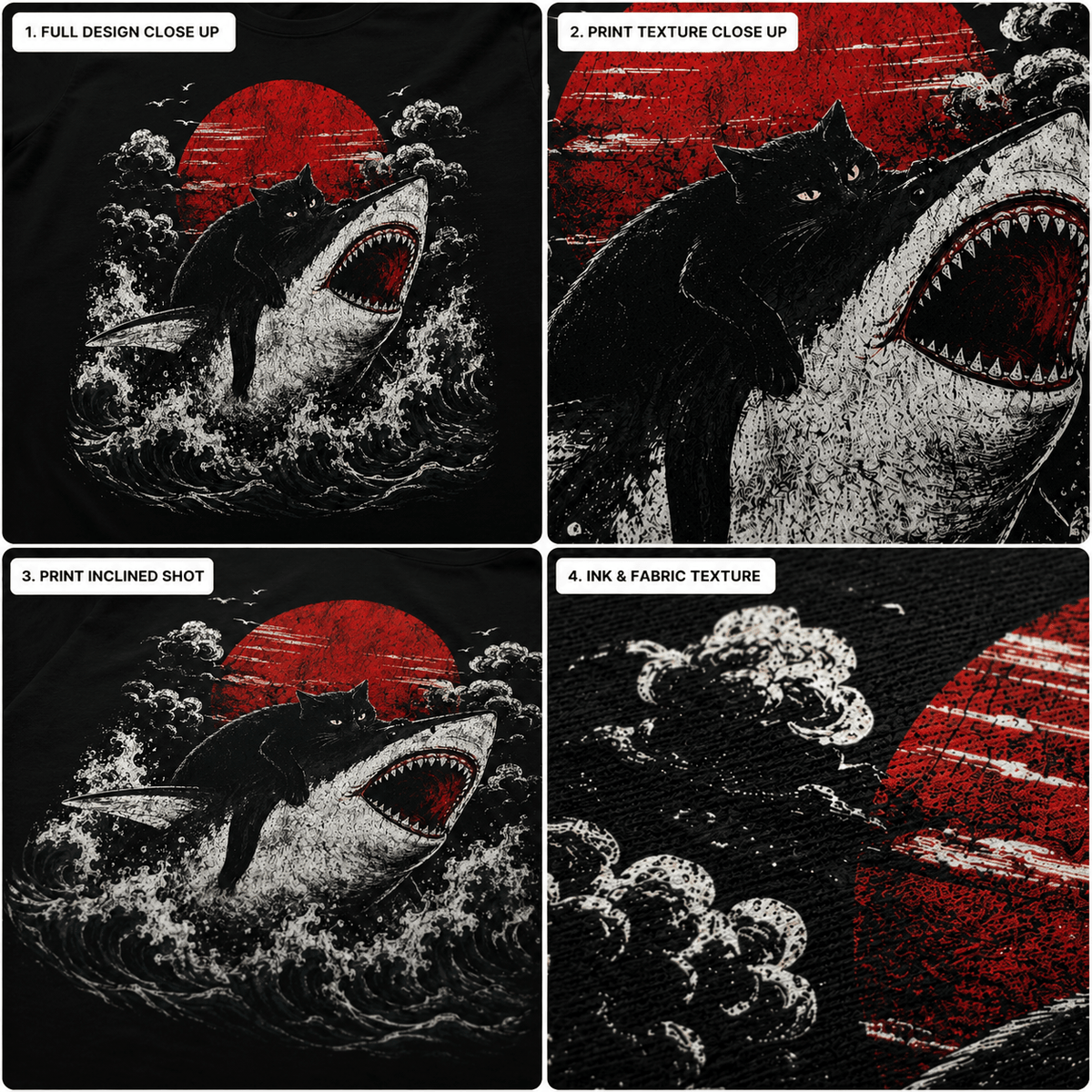 Cat Funny Shirt, Black Cat Riding Shark Japanese Graphic Tee - Yume Garden - Yume Gardens Indonesia