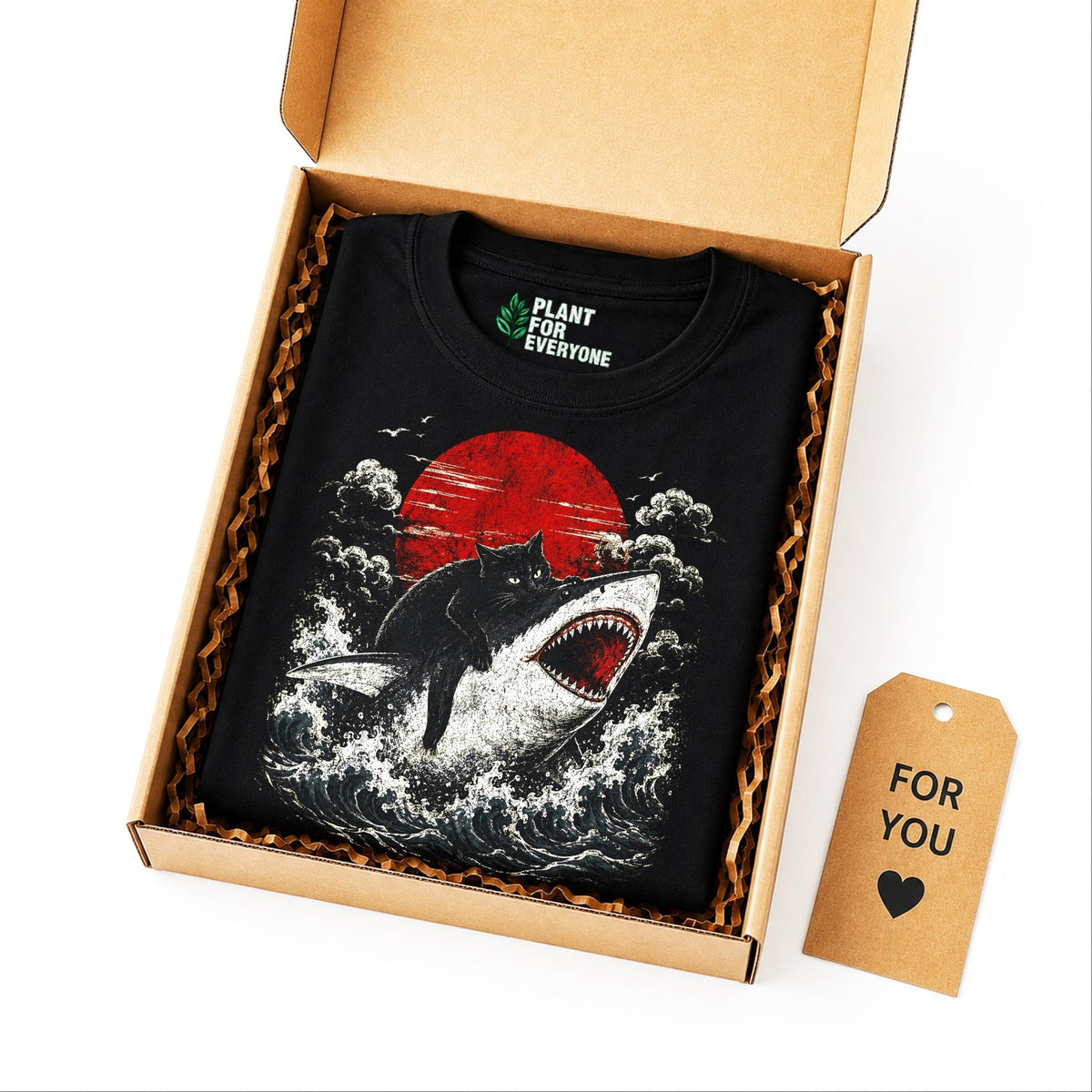 Cat Funny Shirt, Black Cat Riding Shark Japanese Graphic Tee - Yume Garden - Yume Gardens Indonesia