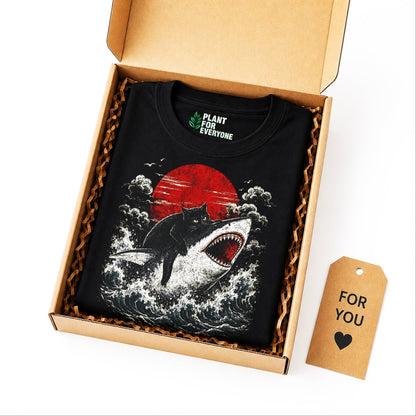 Cat Funny Shirt, Black Cat Riding Shark Japanese Graphic Tee - Yume Garden - Yume Gardens Indonesia