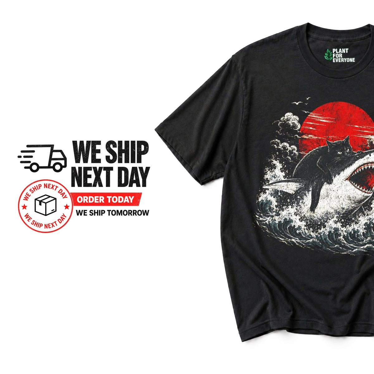 Cat Funny Shirt, Black Cat Riding Shark Japanese Graphic Tee - Yume Garden - Yume Gardens Indonesia