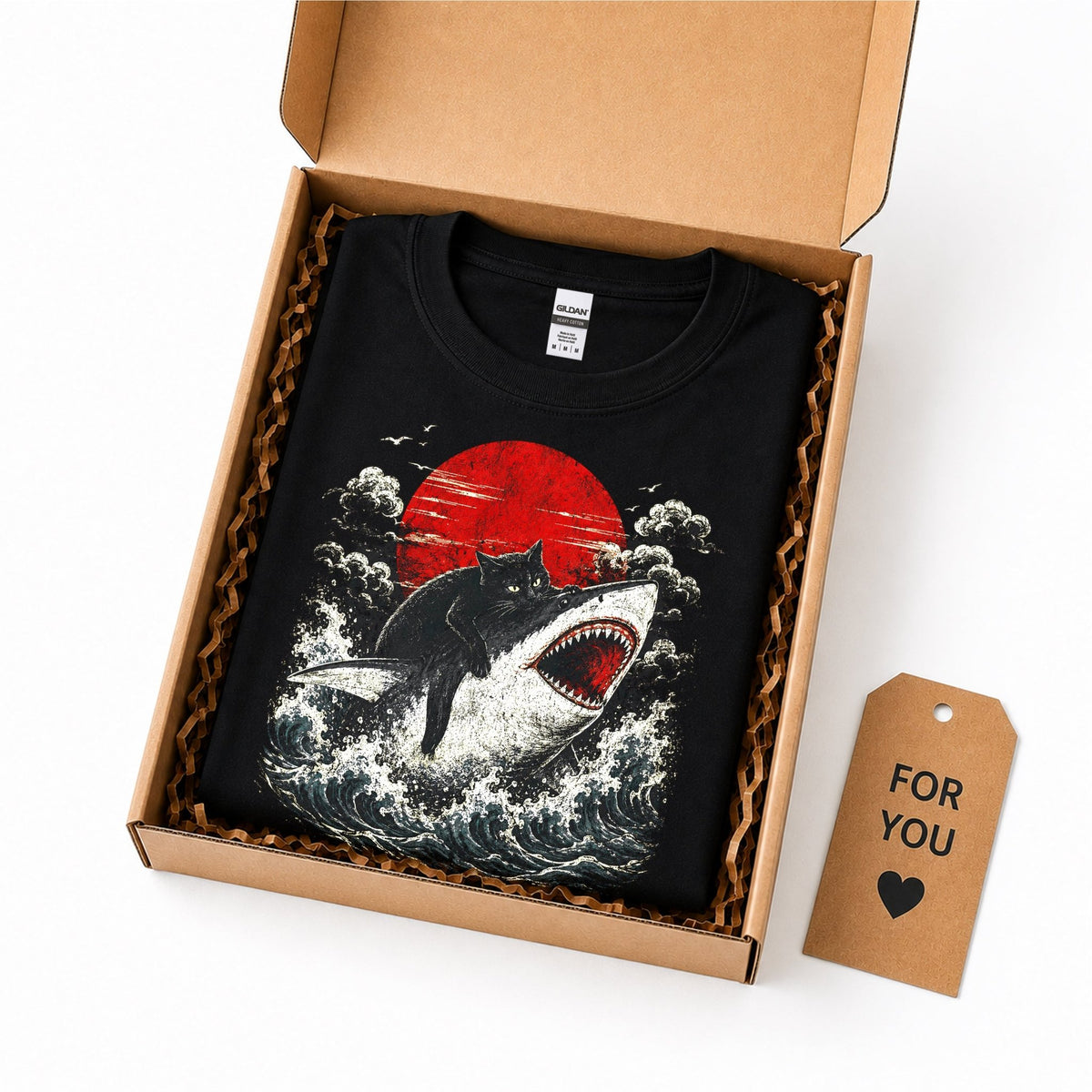 Funny Black Cat Riding Shark T-Shirt – Japanese Wave Graphic Tee, Unisex Crew Neck - Yume Gardens Indonesia