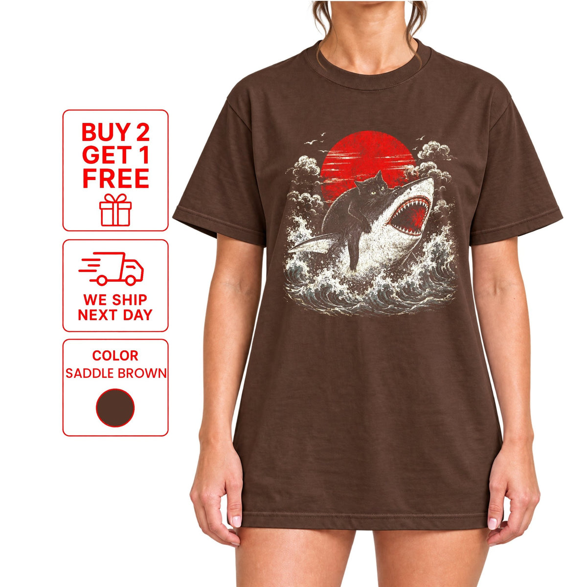 Funny Black Cat Riding Shark T-Shirt – Japanese Wave Graphic Tee, Unisex Crew Neck - Yume Gardens Indonesia