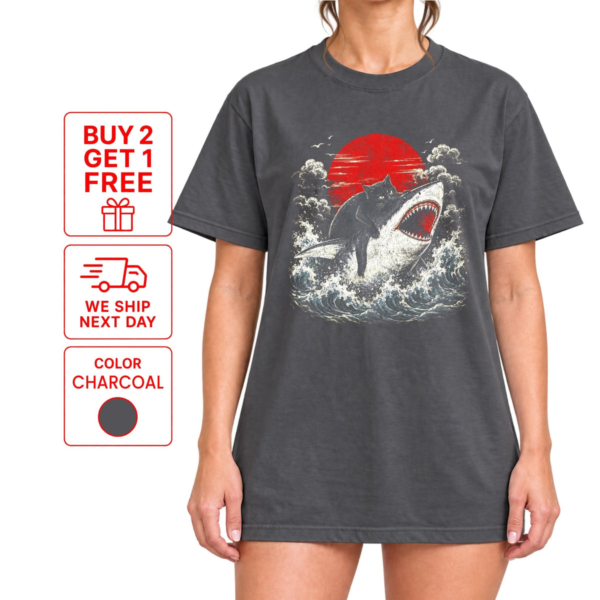 Funny Black Cat Riding Shark T-Shirt – Japanese Wave Graphic Tee, Unisex Crew Neck - Yume Gardens Indonesia