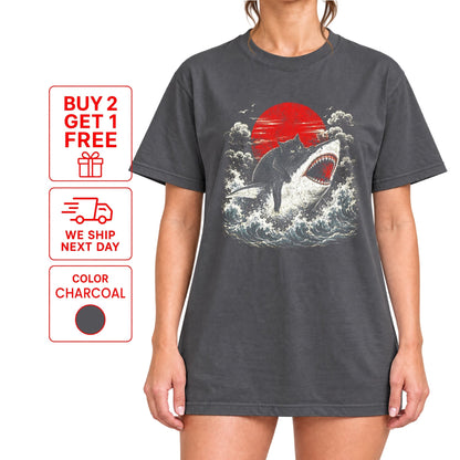Funny Black Cat Riding Shark T-Shirt – Japanese Wave Graphic Tee, Unisex Crew Neck - Yume Gardens Indonesia
