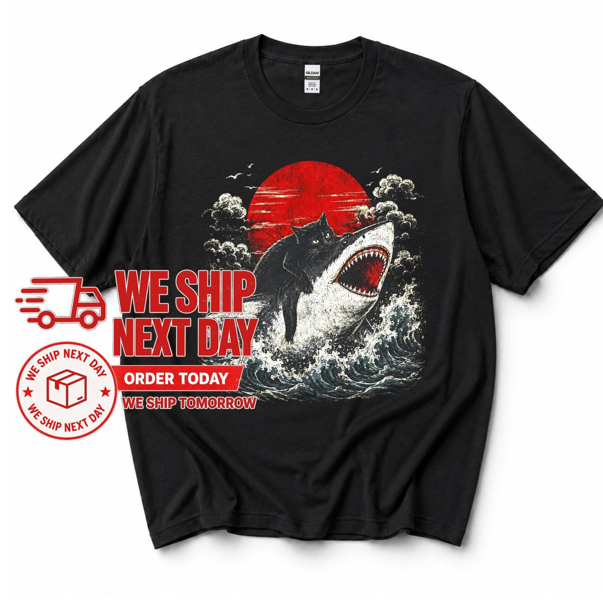 Funny Black Cat Riding Shark T-Shirt – Japanese Wave Graphic Tee, Unisex Crew Neck - Yume Gardens Indonesia