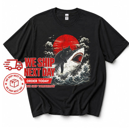 Funny Black Cat Riding Shark T-Shirt – Japanese Wave Graphic Tee, Unisex Crew Neck - Yume Gardens Indonesia