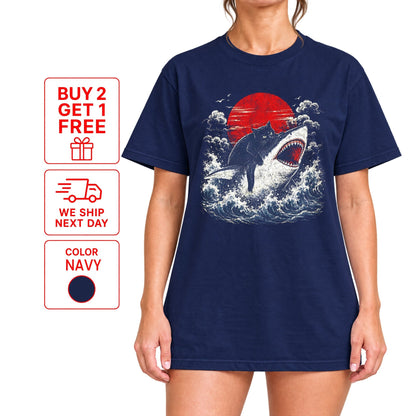 Funny Black Cat Riding Shark T-Shirt – Japanese Wave Graphic Tee, Unisex Crew Neck - Yume Gardens Indonesia