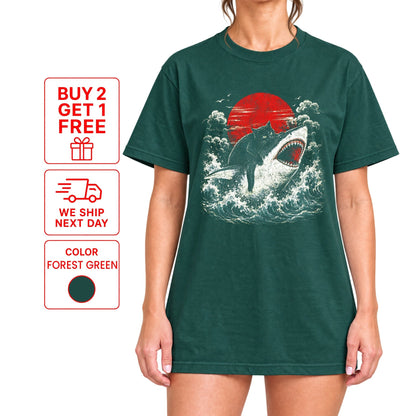 Funny Black Cat Riding Shark T-Shirt – Japanese Wave Graphic Tee, Unisex Crew Neck - Yume Gardens Indonesia