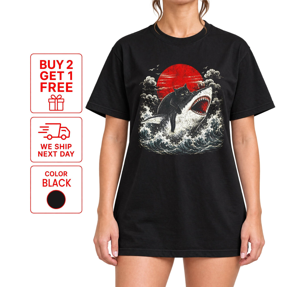 Funny Black Cat Riding Shark T-Shirt – Japanese Wave Graphic Tee, Unisex Crew Neck - Yume Gardens Indonesia