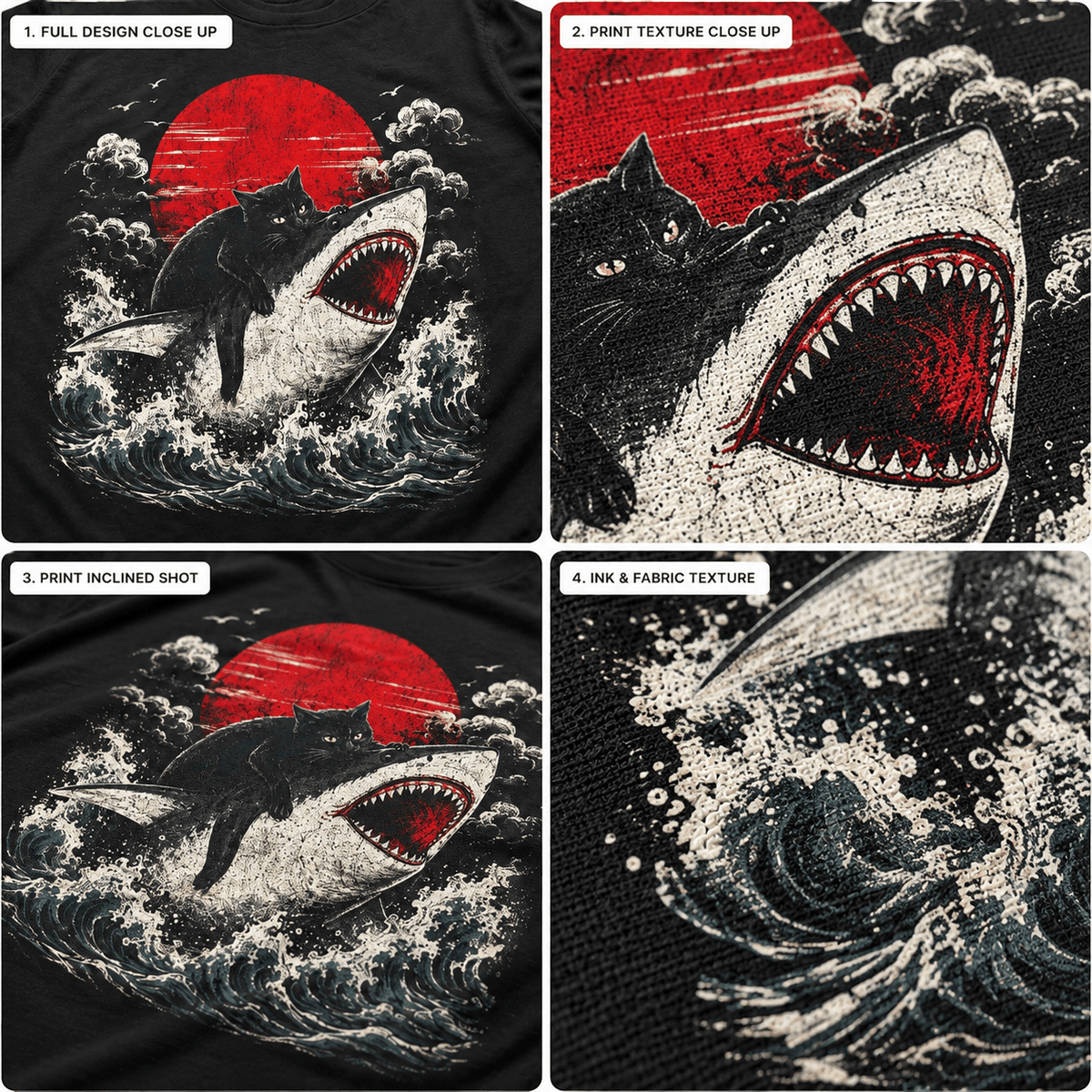Funny Black Cat Riding Shark T-Shirt – Japanese Wave Graphic Tee, Unisex Crew Neck - Yume Gardens Indonesia
