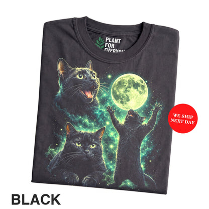 Funny Cat Shirt, Three Black Cats Moon Galaxy Graphic Tee - Yume Garden - Yume Gardens Indonesia