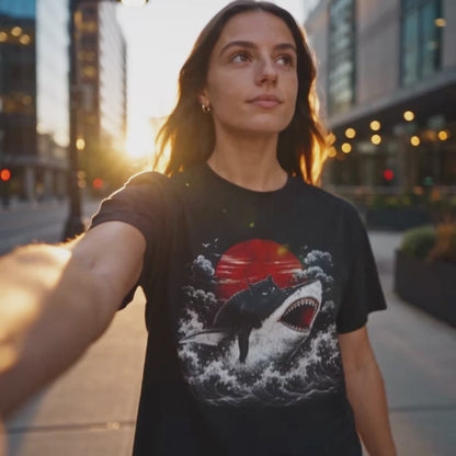 Cat Funny Shirt, Black Cat Riding Shark Japanese Graphic Tee - Yume Garden